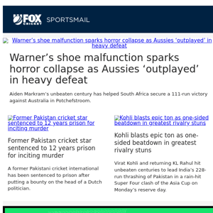 Warner’s shoe malfunction sparks horror collapse as Aussies ‘outplayed’ in heavy defeat