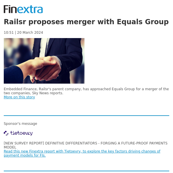 Finextra News Flash: Railsr proposes merger with Equals Group
