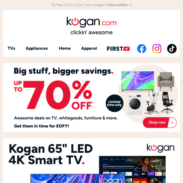 Kogan 65" LED 4K smart TV $579 (SRP $999.99) - Save over $400!