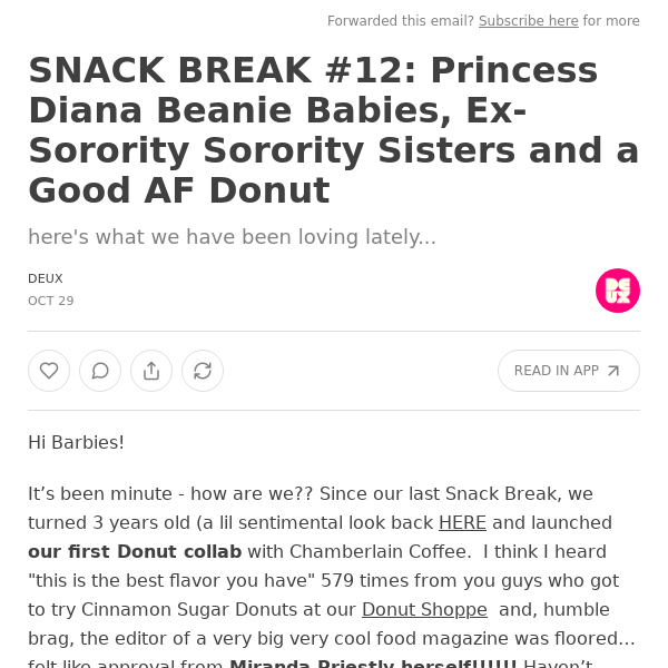 SNACK BREAK #12: Princess Diana Beanie Babies, Ex-Sorority Sorority Sisters and a Good AF Donut