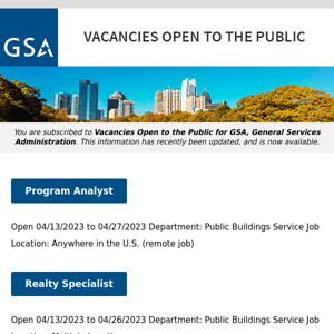 New/Current Job Opportunities at GSA Open to the Public (All U.S. Citizens)