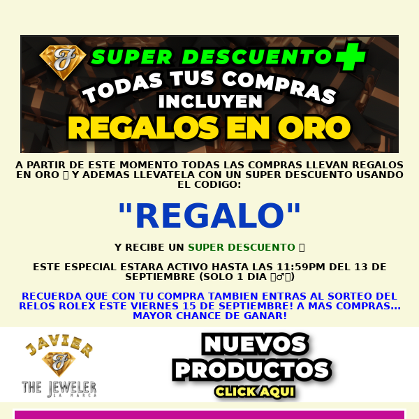 Javier The Jeweler NYC, SUPER DESCUENTO + REGALO EN ORO 🎁 SOLO POR HOY!🔥 + PARTICIPA POR EL RELOJ ROLEX EL VIERNES 🤯