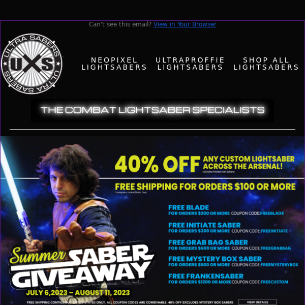 Get 40% Off ALL Sabers Automatically