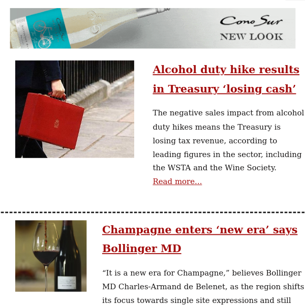 Duty hikes result in Treasury 'losing cash' / Champagne enters 'new era' / Macallan whisky breaks records
