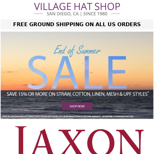 Jaxon Hats Back In Stock | 15% Off Straw, Cotton, Linen, Mesh & UPF Styles End of Summer Sale Extended