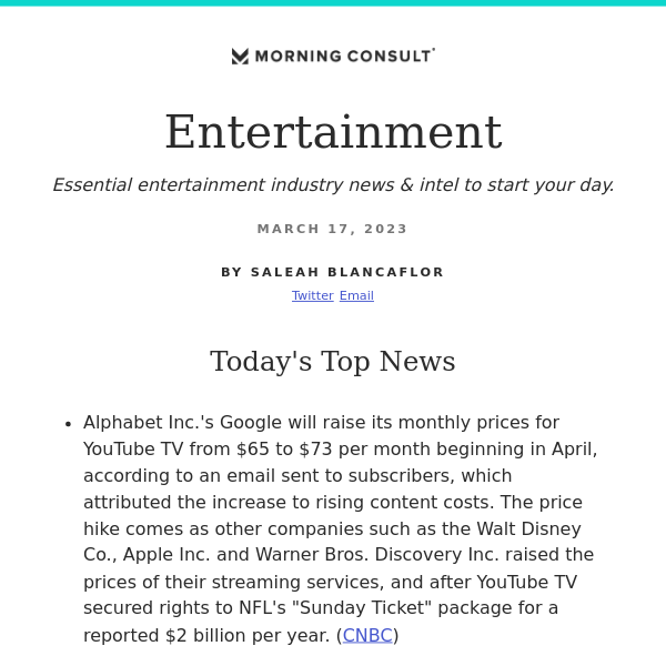 Morning Consult Entertainment: YouTube TV Increases Price by $8 per Month