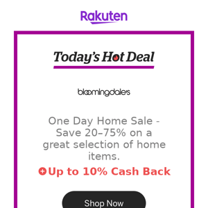 Hot Deal for you at Bloomingdale's: One Day Home Sale - Save 20–75% on a great selection of home items.