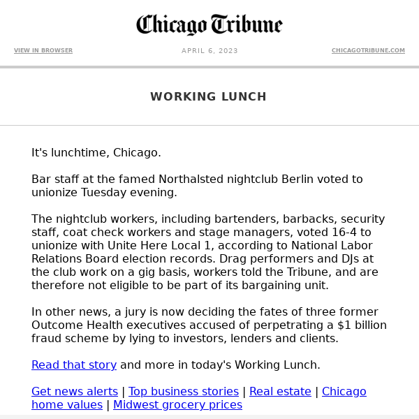 Working Lunch: Nightclub staff unionize | Outcome Health jury begins deliberations | EIU faculty and staff strike