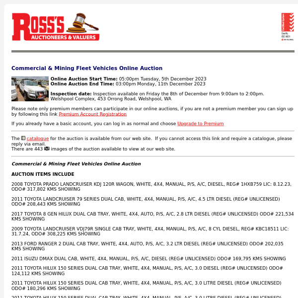 *CATALOGUE AVAILABLE* Ross's > Commercial & Mining Fleet Vehicles Online Auction 11/12/23