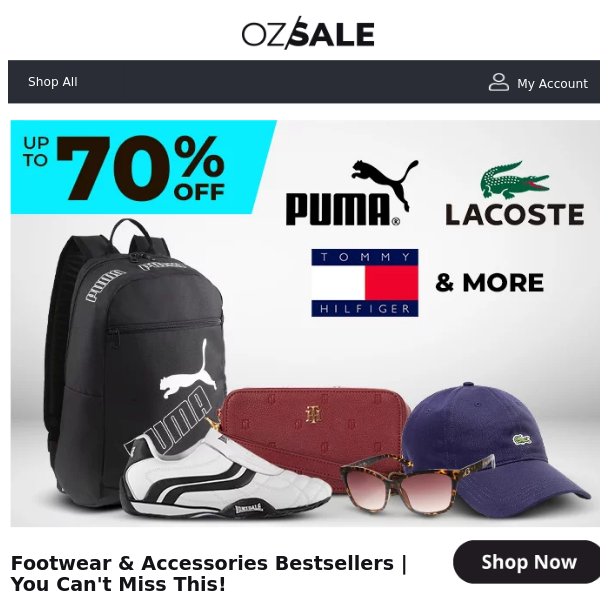 Footwear & Accessories Up To 70% Off - Lacoste, Tommy Hilfiger, Puma & More