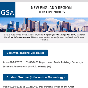 New/Current Job Opportunities in the GSA New England Region