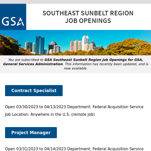 New/Current Job Opportunities in the GSA Southeast Sunbelt Region