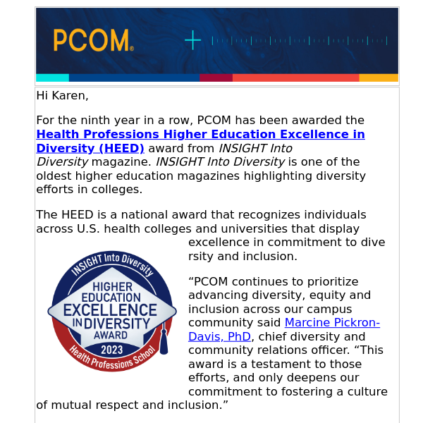 PCOM recognized for diversity efforts for ninth year in a row!