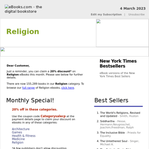 Religion : 20% Discount, See Coupon Code ...