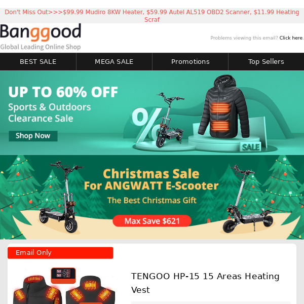 [UP TO 70% OFF] $33.99 Hot Sale Heating Jacket, $1359.99 ANGWATT T1 Electric Scooter, $234.80 614Wh Power Station! Buy Now!