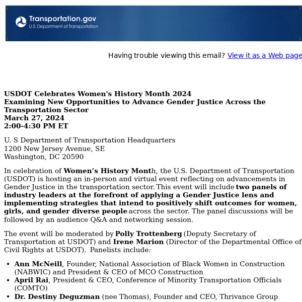 USDOT Celebrates Women's History Month 2024: Examining New Opportunities to Advance Gender Justice Across the Transportation Sector