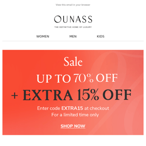 UP TO 70% OFF + EXTRA 15%