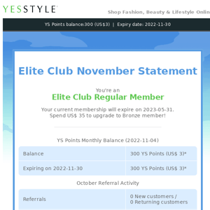 Yes Style Your November Elite Club Monthly Statement