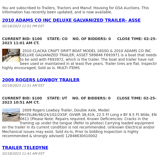 GSA Auctions Trailers, Tractors and Manuf. Housing Update