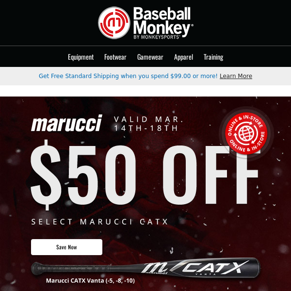 🔥 Swing into Savings! $50 Off Select Marucci CatX Baseball Bats - Hurry, March 14-18 Only!