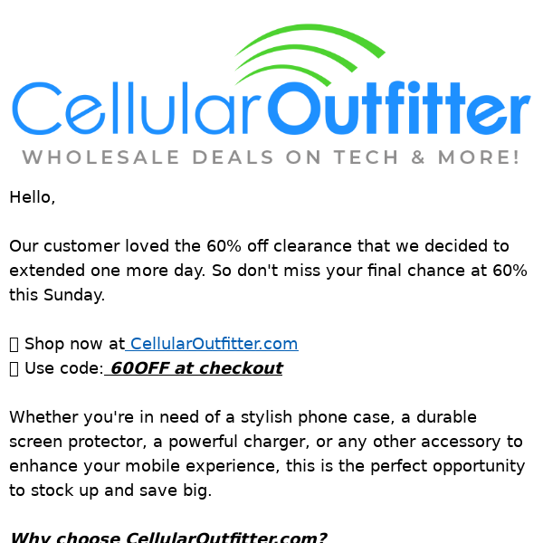 Cellular Outfitter 60% Off Is Waiting For You