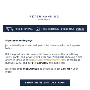 You're WELCOME discount is about to expire Peter Manning NYC!