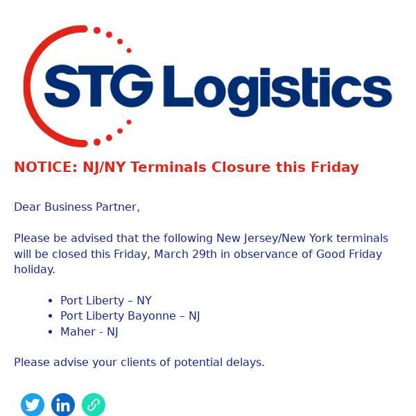 NOTICE: NJ/NY Terminals Closure this Friday