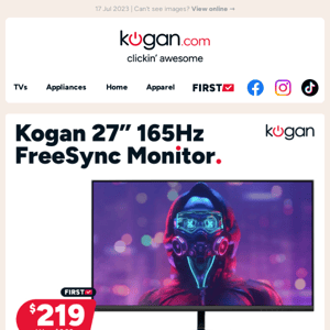 🖥️ Kogan 27" 165Hz Monitor only $219 (Was $269) - High frame rate gaming at a clickin' low price!