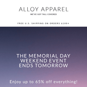 ⏰ Up to 65% Off Ends Tomorrow!