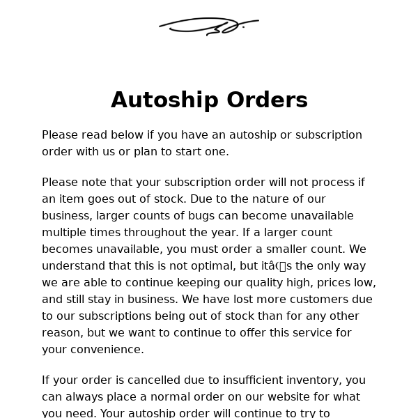 Important Dubia Autoship Info