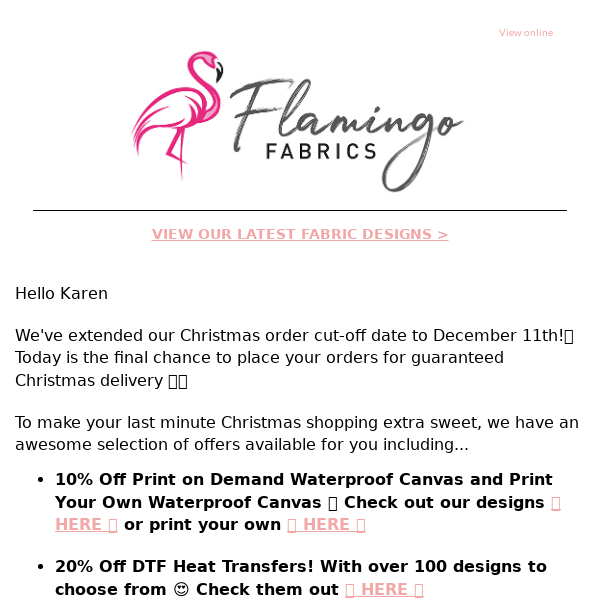 Flamingo Fabrics Last Chance: Order Now for Christmas Delivery!🎅