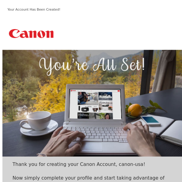 Thank you for creating your Canon Account.