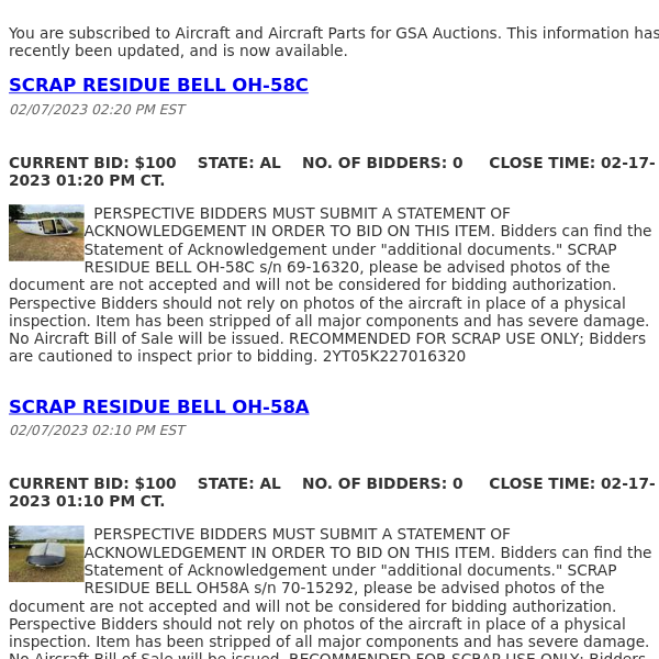 GSA Auctions Aircraft and Aircraft Parts Update