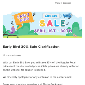 Early Bird 30% Sale Clarification