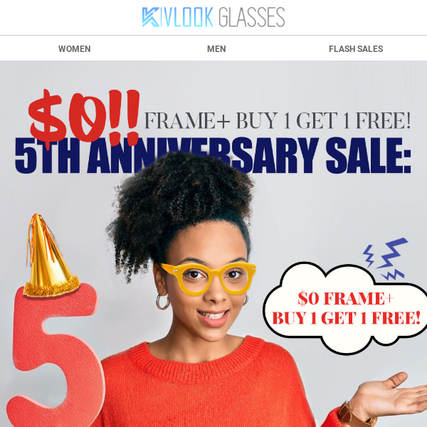 🎉5th Anniversary Sale🎂: $0 Frame+ Buy 1 Get 1 Free!👓