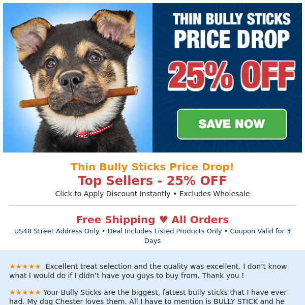 Thin Bully Sticks > Price Drop