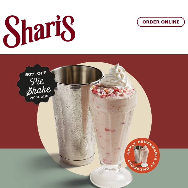 It's National Ice Cream Day!! Receive 50% off all Pie Shakes, today only!