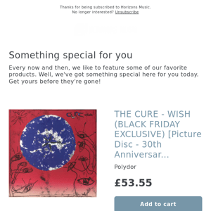 EXTREMELY LIMITED!  THE CURE - WISH (BLACK FRIDAY EXCLUSIVE) [Picture Disc - 30th Anniversary Edition]