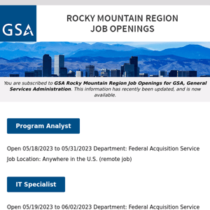 New/Current Job Opportunities in the GSA Rocky Mountain Region