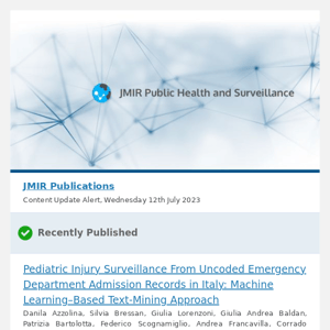 [JPH] Pediatric Injury Surveillance From Uncoded Emergency Department Admission Records in Italy: Machine Learning–Based Text-Mining ApproachÂ 