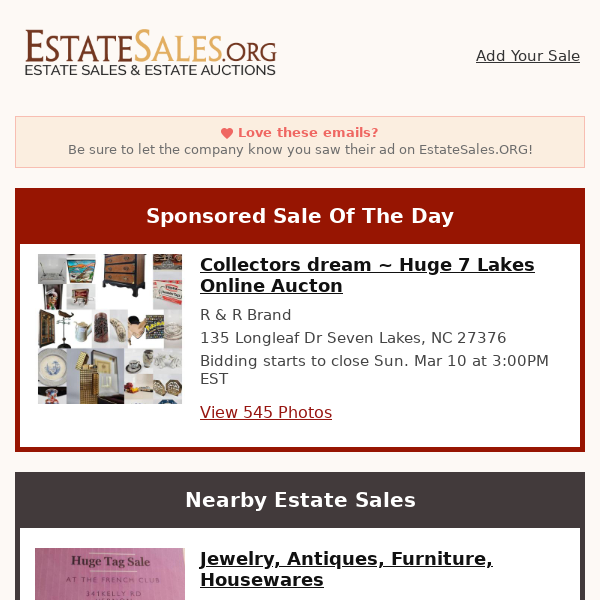 Your daily estate sales on EstateSales.org