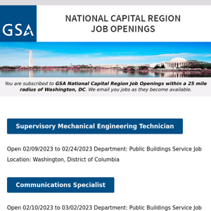 New/Current Job Opportunities in the GSA National Capital Region