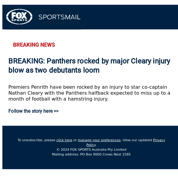 ❌ BREAKING: Panthers rocked by mega Cleary injury blow