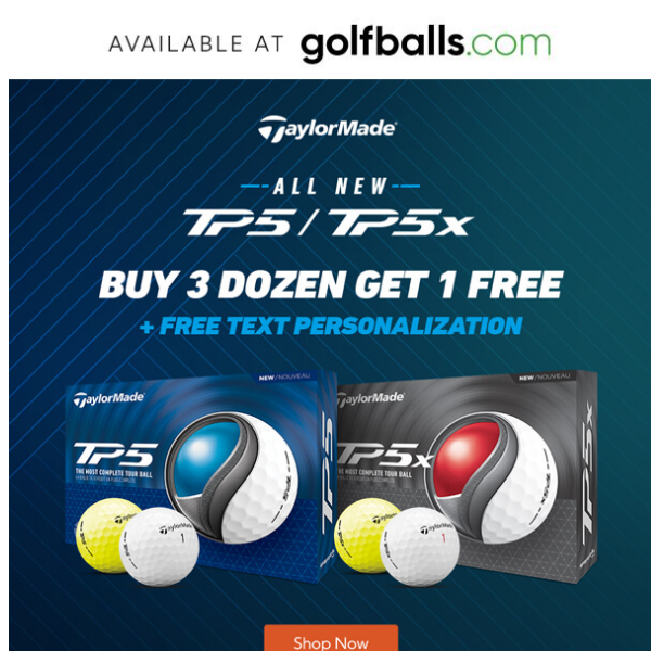 Buy 3 Get 1 Free on TaylorMade TP5 Golf Balls + Free Text Personalization!