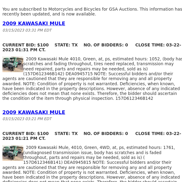 GSA Auctions Motorcycles and Bicycles Update