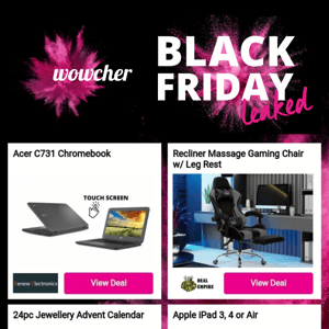 Acer C731 Chromebook | Recliner Massage Gaming Chair w/ Leg Rest | 24pc Jewellery Advent Calendar | Apple iPad 3, 4 or Air | Swizzels Pop-up Laundry Basket