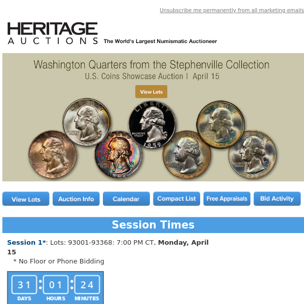 Bid Now: April 15 Washington Quarters from the Stephenville Collection  US Coins Showcase Auction