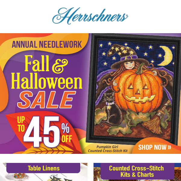 No Scary Prices Here! Save up to 45% on Fall & Halloween Needlework.