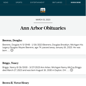 Today's Ann Arbor obituaries for March 31, 2023
