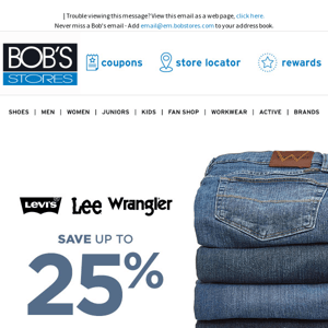 Denim from Levi's, Lee &Wrangler up to 25% OFF